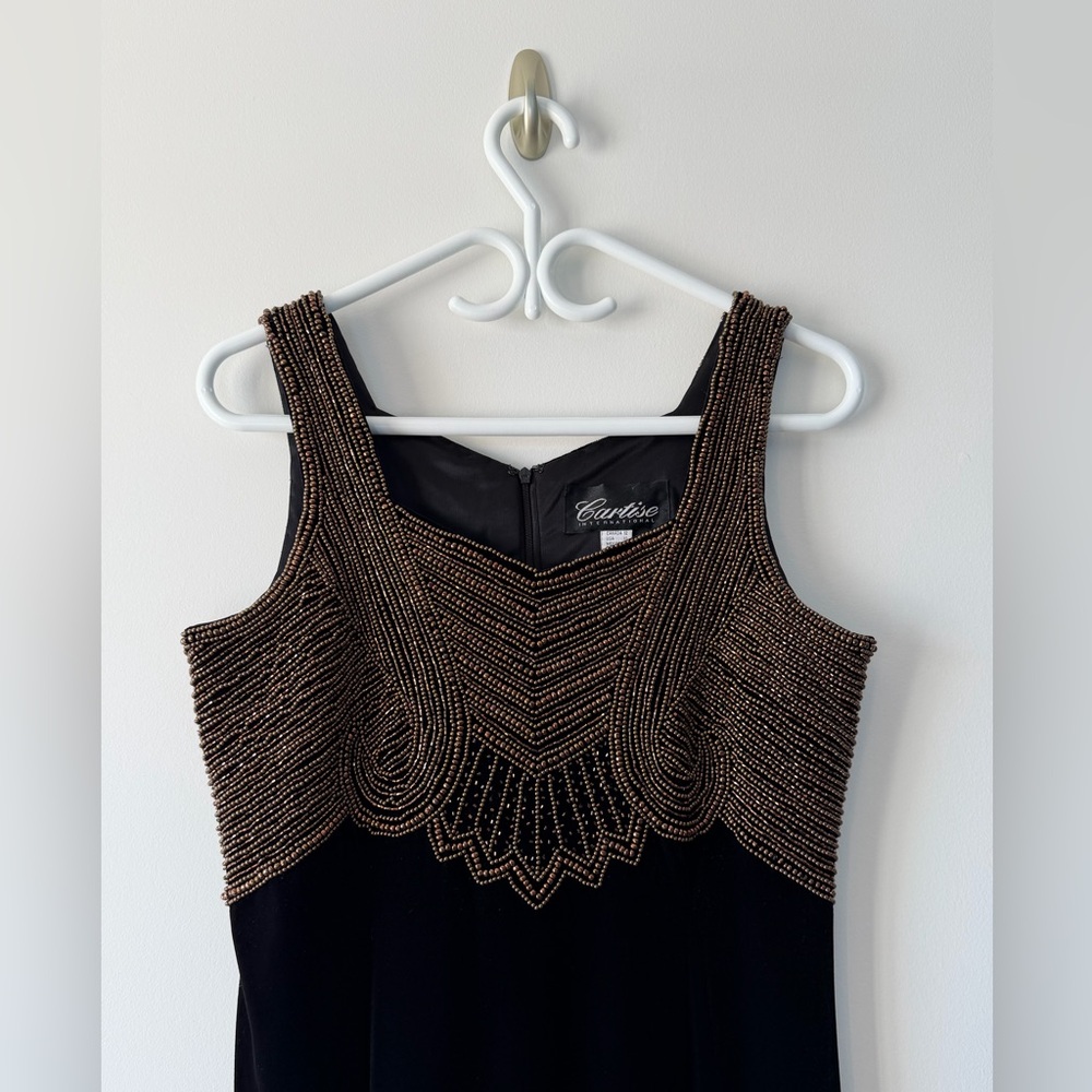 Black velvet and bronze beaded evening gown